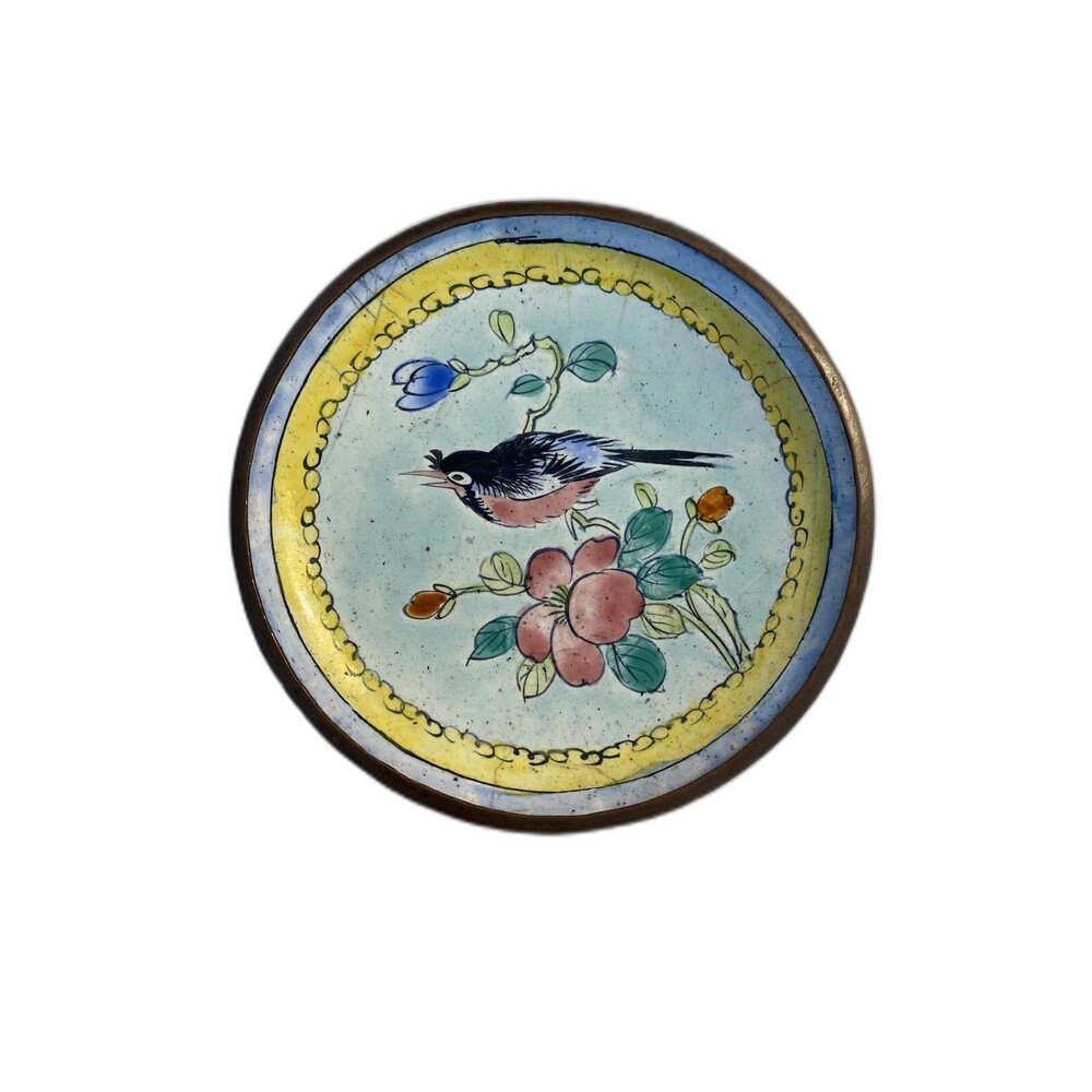 Chinese China Brass Enamel Cloisonné Change Dish Tray Floral Design With Bird